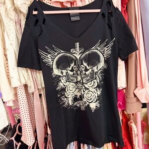 Hot Topic Black Social Collision Skull V Neck Goth Alt T Shirt Sz S
